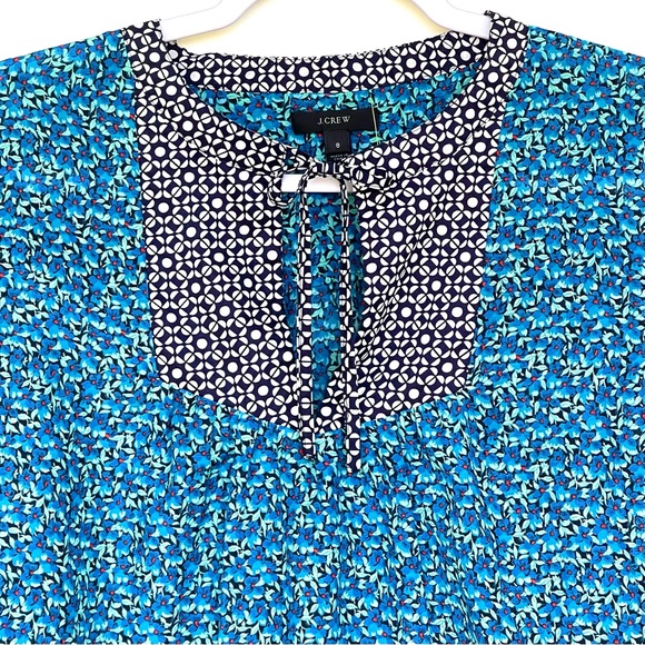 J. Crew Silk Blend Floral Blouse Peasant Flower-Patch Tie Neck Long Sleeve Blue - Picture 4 of 16
